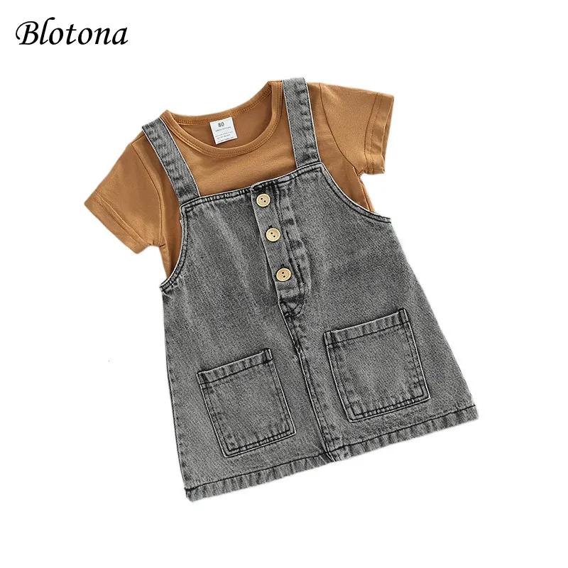 

Blotona Kids Girls Clothes Sets, Letter Printed Short Sleeve T-shirt + Sleeveless Suspender A-line Denim Overall Dress, 1-6Years