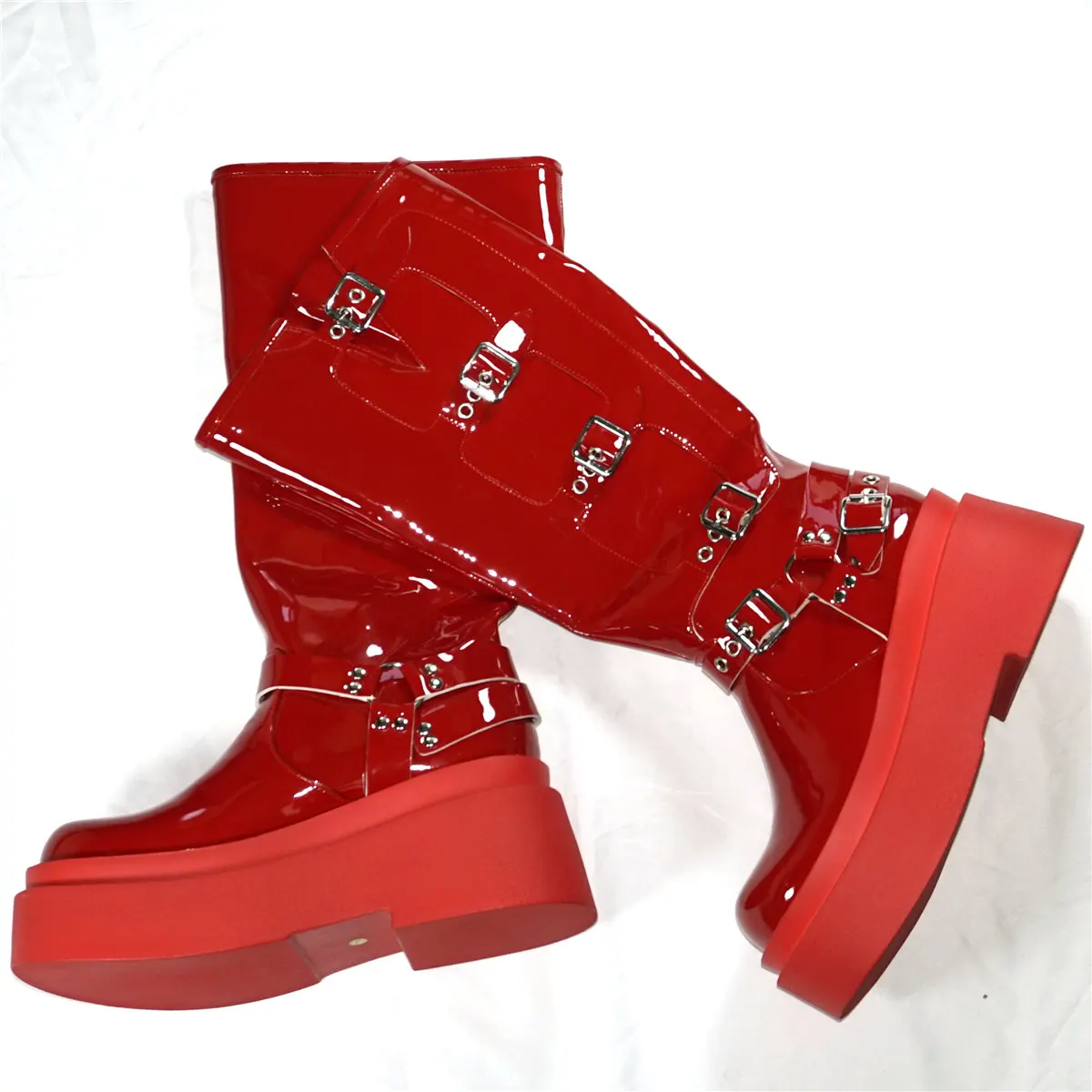 Super High Heels Fashion Sneakers Women Red Patent Leather Wedges Knee High Boots Female Round Toe Platform Pumps Casual Shoes