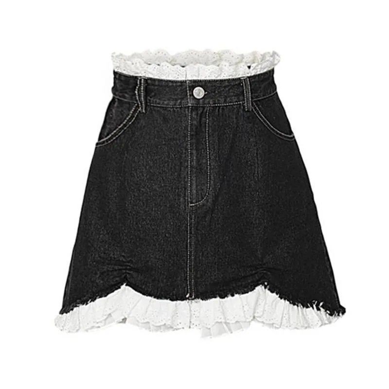 

Sweet Women Lace Denim Mini Skirts Teens Girls Harajuku Princess High Waist Jeans Skirt A-line Patchwork Streetwear Female New