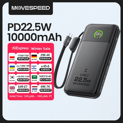 【CCC】MOVESPEED P19 LFP Аккумулятор Power Bank 10000 мАч Встроенный USB C-кабель Powerbank Внешнее зарядное устройство для iPhone Xiaomi Samsung