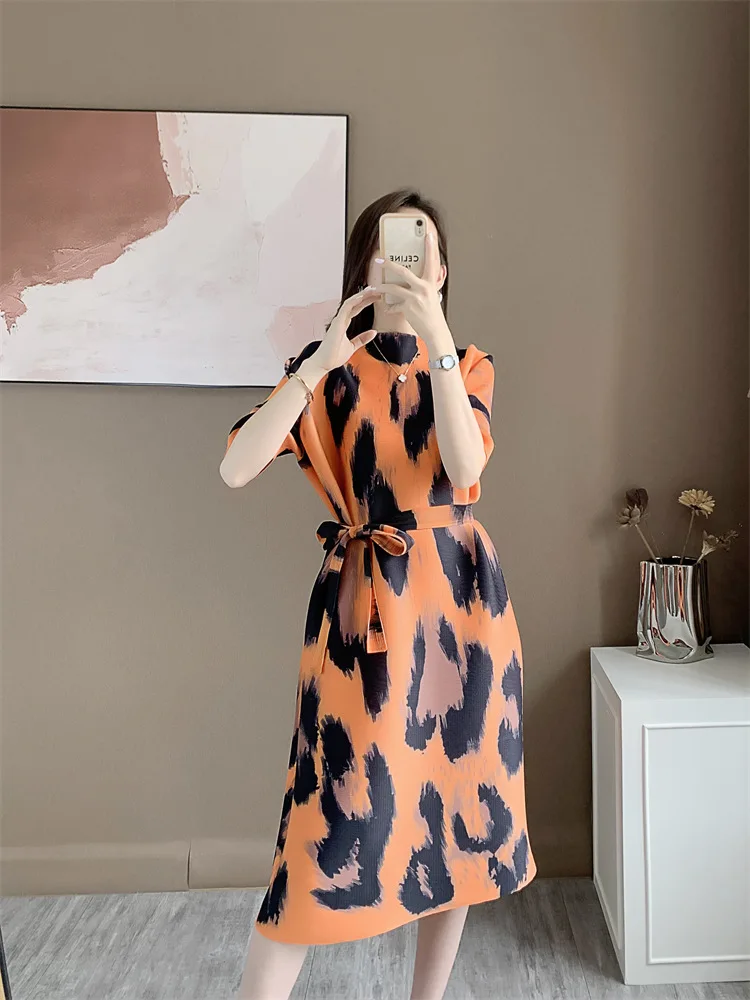 

Japanese designer summer new pleated dress women's bandage digital printing midi skirt pleated skirt