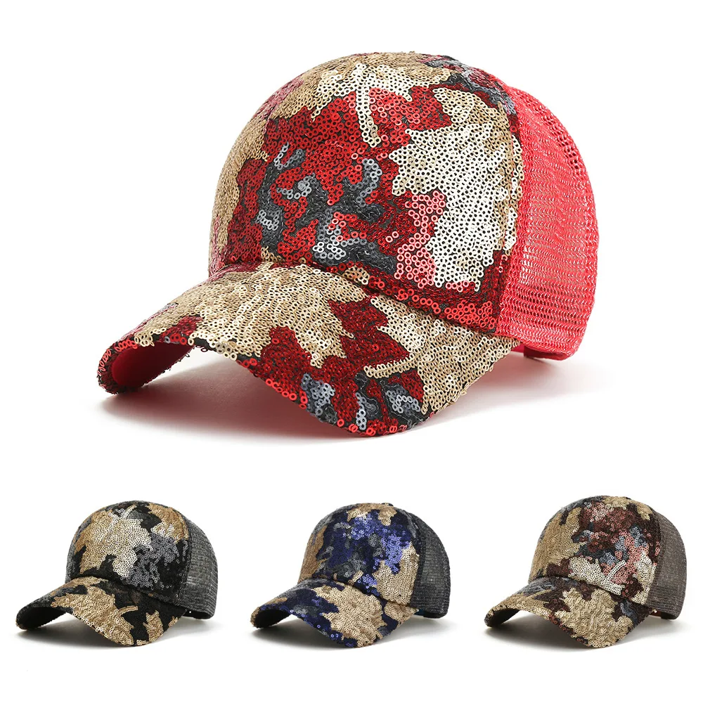 

2022 Fashion Women Summer Cap Canada Maple Leaf Sequins Shiny Baseball Cap Female Streetwear Trucker Hats
