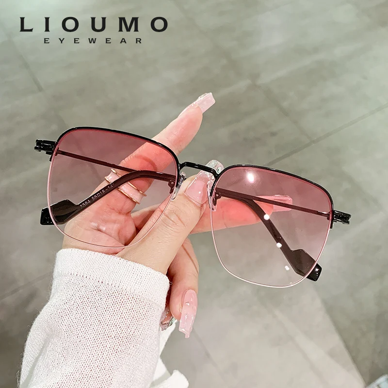 

LIOUMO Fashion Semi-Rimless Square Sunglasses For Women Elegant Gradient Pink Glasses Men Anti-Glare Goggles gafas de sol mujer