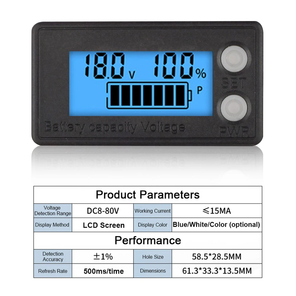 

DC Battery Voltmeter DC 8-100V Capacity Indicator Power Meter Lithium LiFePO4 lead-acid cell 12V 24V for 6133A 6133B LCD Battery