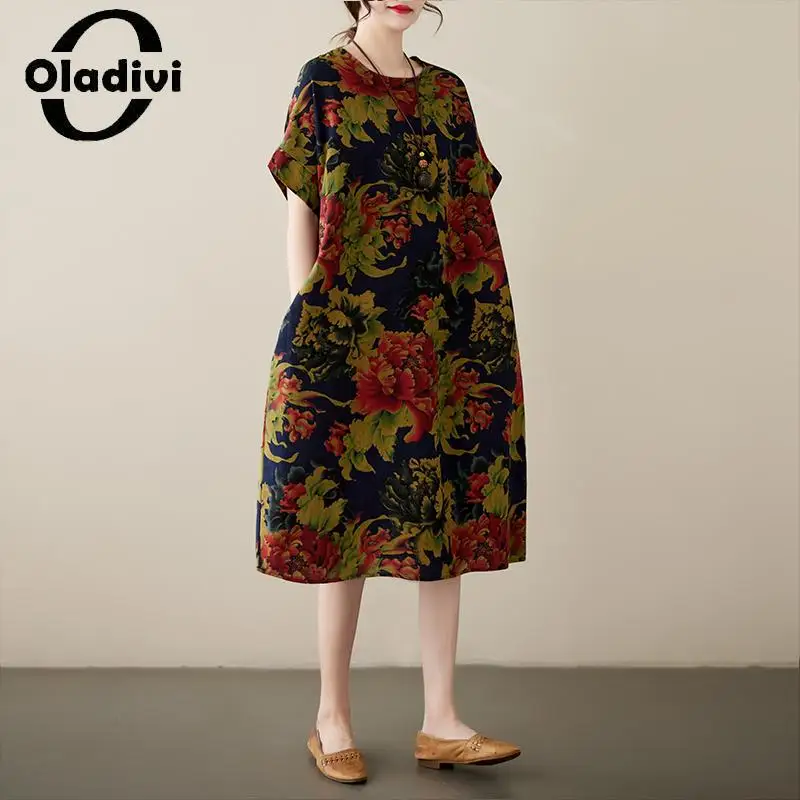 

Oladivi Fashion Print Large Size Women Cotton Linen Midi Dress 2023 Summer New Casual Loose Dresses Ladies Oversized Tunics 5809