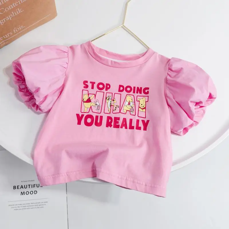 

2023 Summer Baby Girls Short Sleeves T-shirt Kids Pink Cotton Puff Sleeve Fashion T Shirt Clothes Children Party Birthday Wear