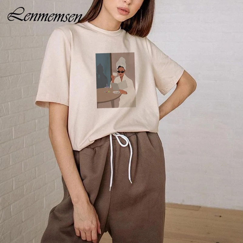 

Lenmemsen Trendy T Shirts Women Summer Loose Short Sleeve 100% Cotton Tees Female Casual Aesthetic Character Graphic Black Tops