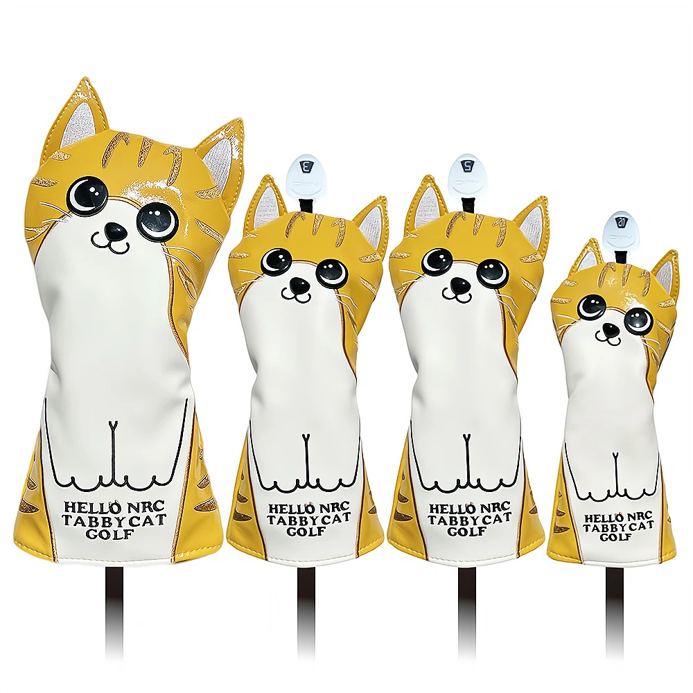 

Golf Wood Cover Cute Crooked Cat Golf Headcover for Driver Fairway Hybrid Waterproof PU Leather Golf Club Cover Number Tag