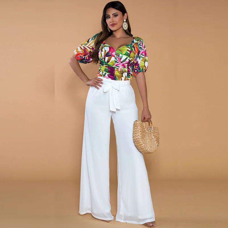 

Повседневный комплект из двух предметов с принтом Дашики, тонкая рубашка с коротким рукавом и белые прямые брюки, модная женская летняя афр...