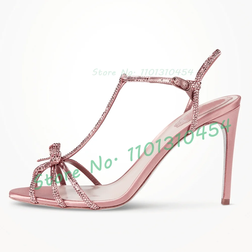 Сандалии женские атласные на высоком каблуке туфли-лодочки с кристаллами бантом