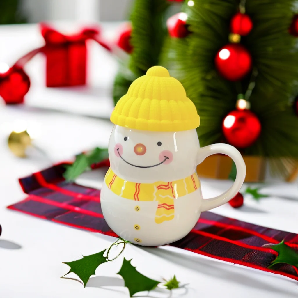 

Snowman Ceramic Mug with Cover Cute Milk Coffee Cups Christmas Emote Kawaii Mugs Men and Women Birthday Gift Breakfast Cup