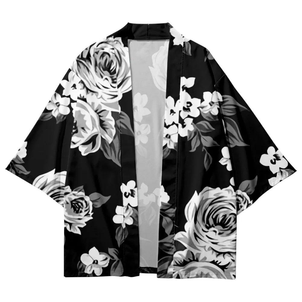 

rose flower Printing cool kimono men's Loose Short sleeve Beach top kimono men's fashion