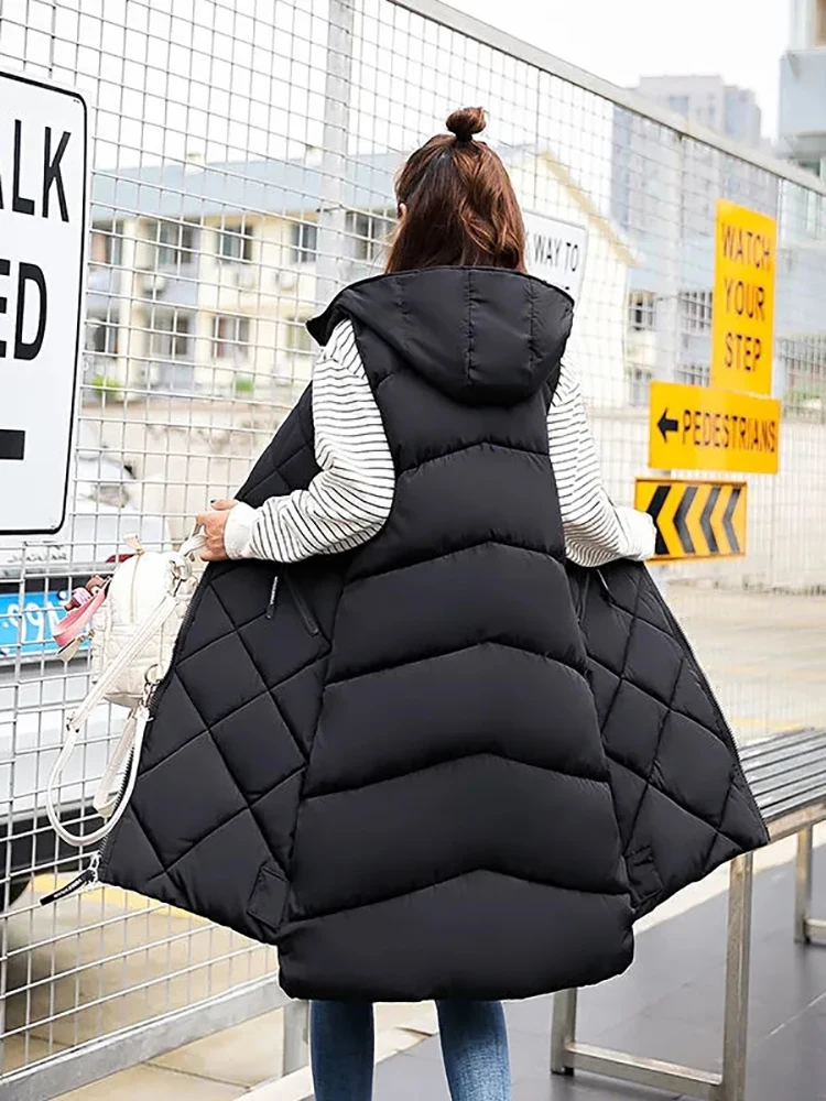 Women's Sleeveless Vest Long Down cotton Jacket Solid Korea Hooded Padded Vests Loose Females 2023 Fashion Casual Winter Coat
