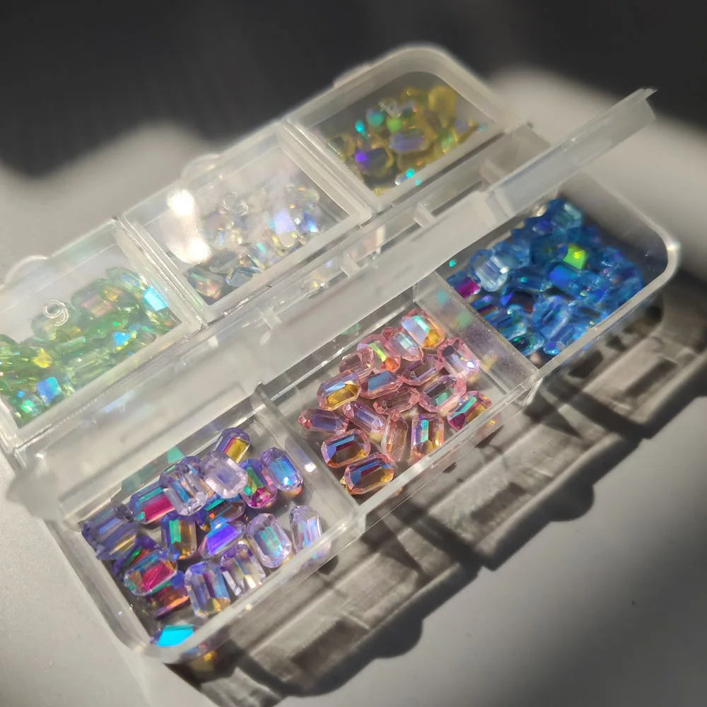 6 ячеек/коробка каучуковый сахарный куб Аврора Стразы для дизайна ногтей AB