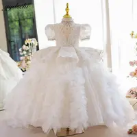 Luxury Glitter Pearls Beaded Flower Girl Dresses For Wedding Shiny Sequins Appliques Princess Puff Sleeves First Communion Gowns