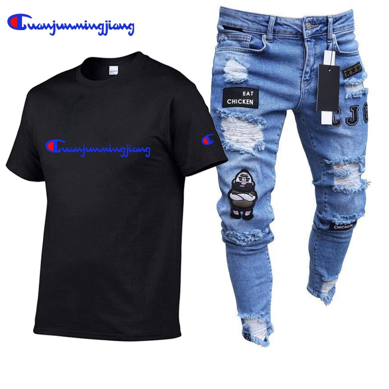 

2022 champion men's casual sports cotton short sleeve printed T-shirt + large street Trend Sports jeans set