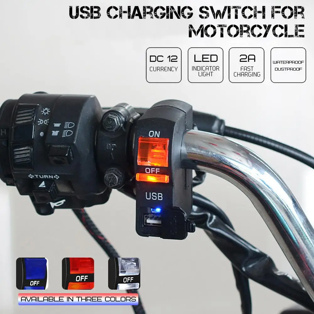 

LED Indicator Motorcycle Handlebar Mount USB Port Phone Charger with Switch Easy to Install Motorcyle Accessories Spare Parts
