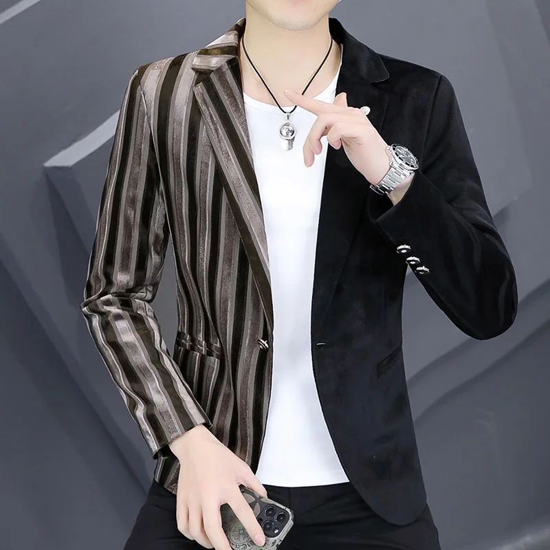 

HOO 2023 New Spring and Autumn Striped Color Matching Suit Jacket Youth Slim-Fit Casual blazer