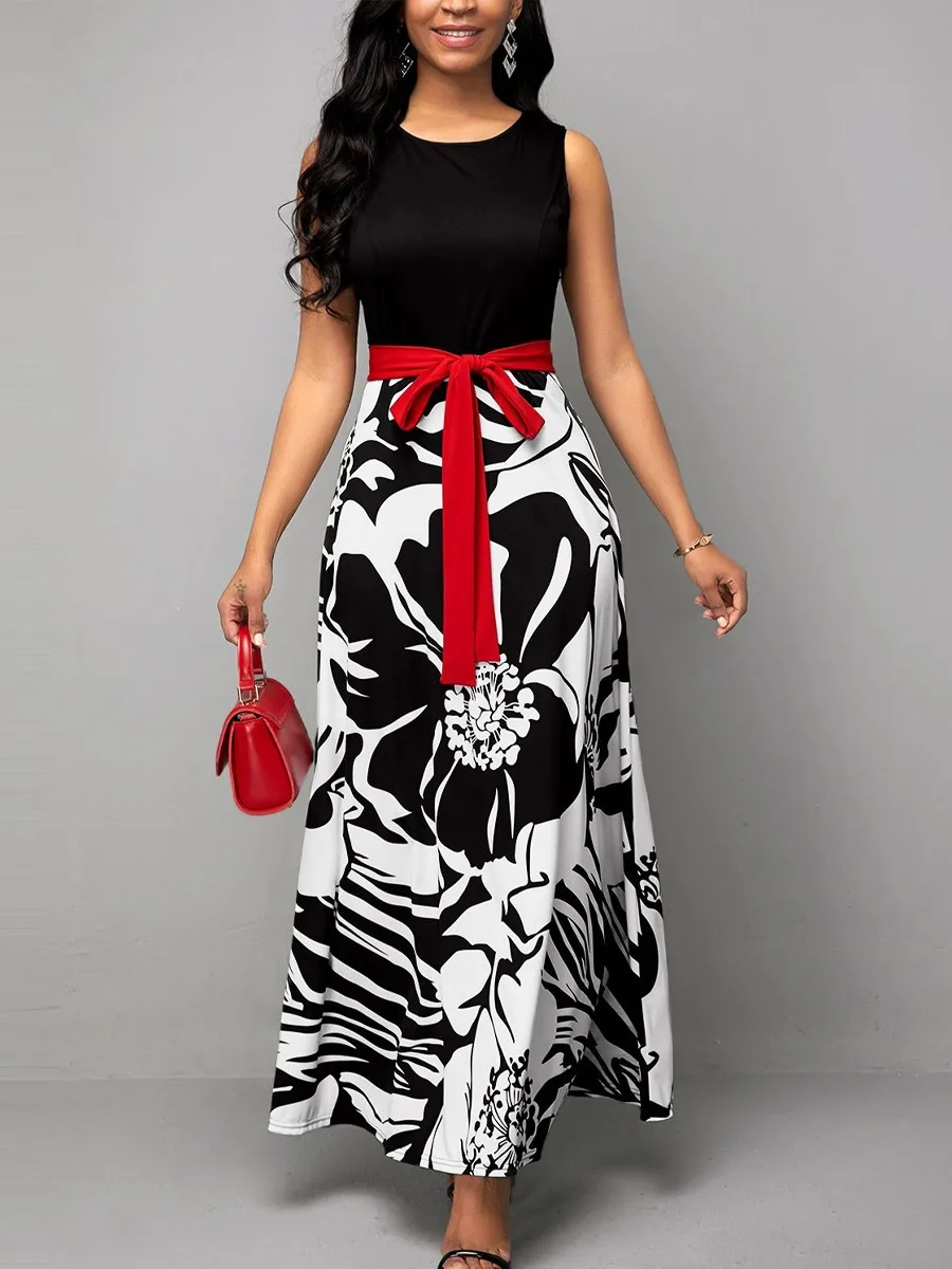 

Elegant Slim Sleeveless O-neck Collar With Belt Dress Women 2023 Summer Female Fashion High Waist Floral Print Patchwork Dresses