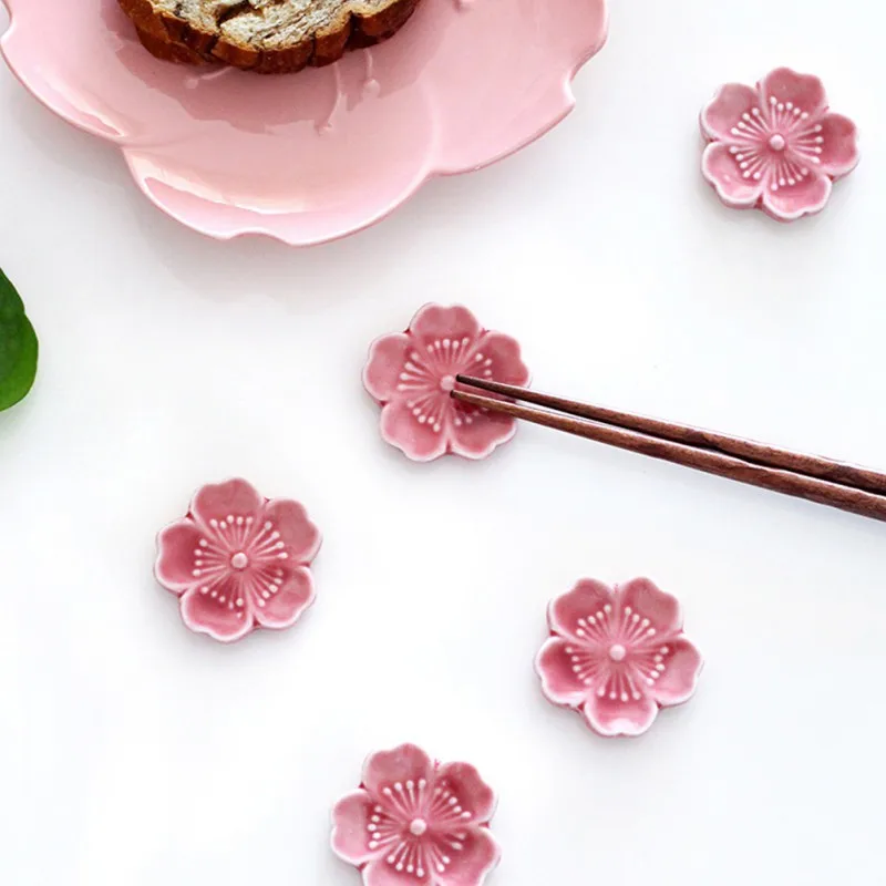 

Ceramic Sakura Blossom Chopsticks Holder Colorful Spoon Fork Chopstick Rest Stand Kitchen Tool Tableware Dining Table Decoration
