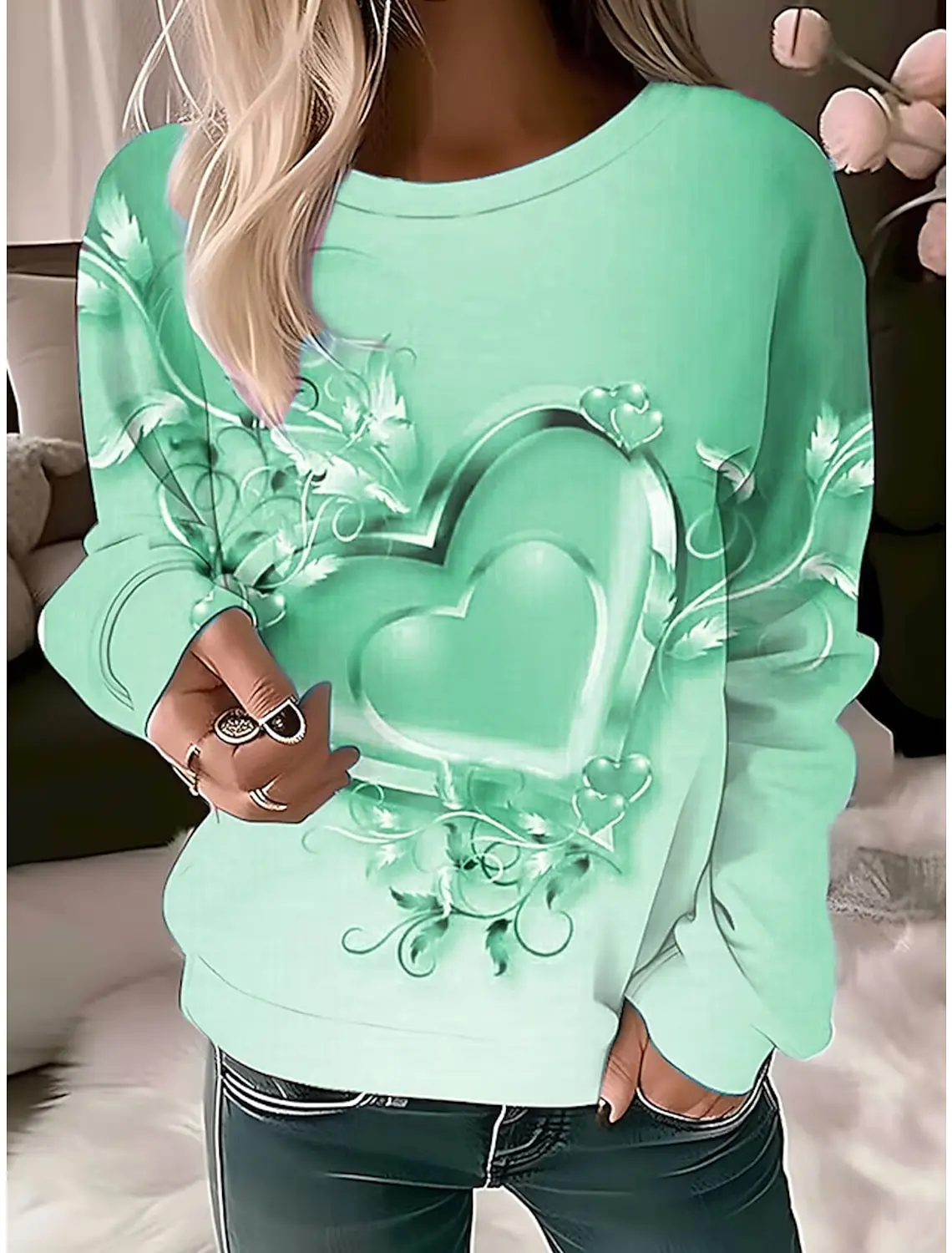 

Fashion Women's Sweatshirt Pullover Heart-Shaped Graphic Casual Sports Round Neck Long Sleeve Top Micro-Elastic Fall & Winter