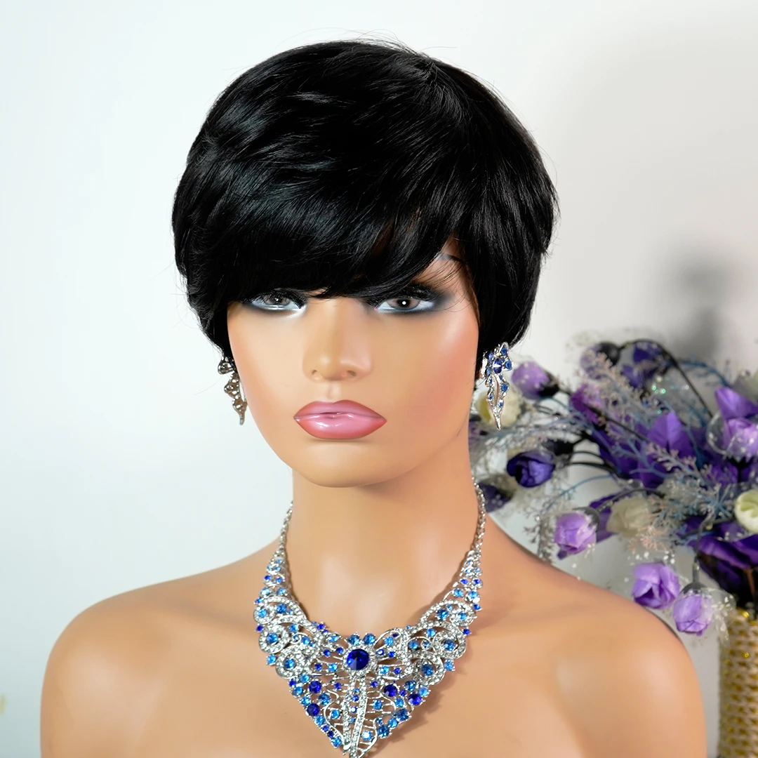 

Sylhair Short Bob Pixie Cut Wigs With Bangs Full Machine Blonde Highlight Colored Glueless Natural Hair For Black Women