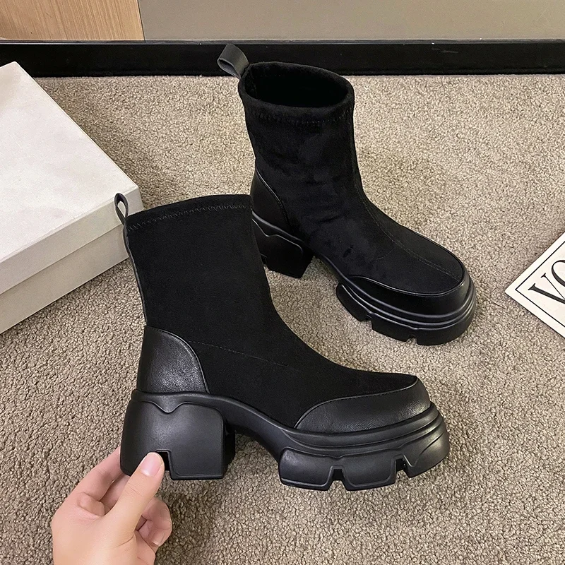 

Женские ботинки без шнуровки, повседневные ботинки на платформе, с круглым носком, до середины икры, 2023