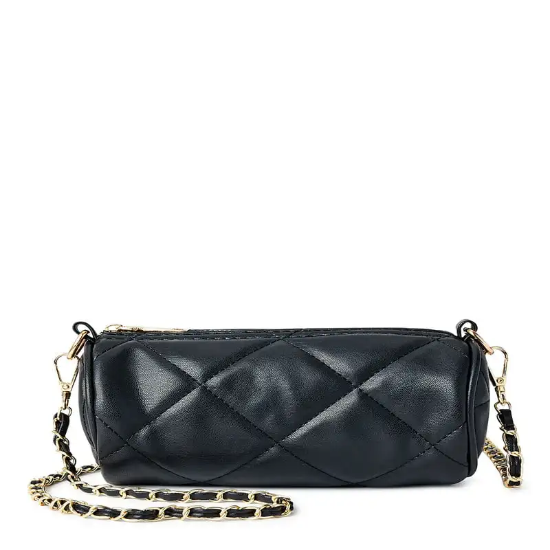 

Small Quilted Black Faux Leather Barrel Bag with Gold-Tone Chain Strap, Lightweight and Comfortable Design for Daily Life