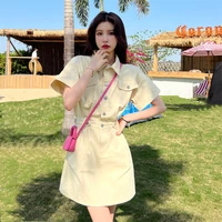 summer hong kong style fashion short sleeved yellow pink denim dress single breasted office ladies dresses
