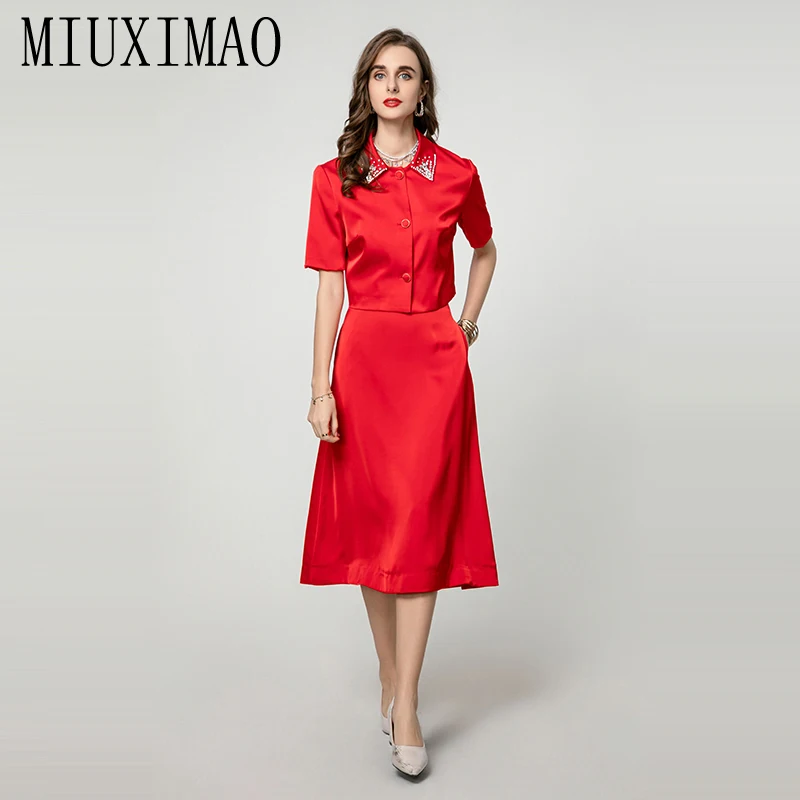 Фото MIUXIMAO 2025 весенне-осенний комплект из двух предметов, модный тонкий топ с рукавами и бриллиантами + длинное платье, офисный женский костюм, женские платья №4