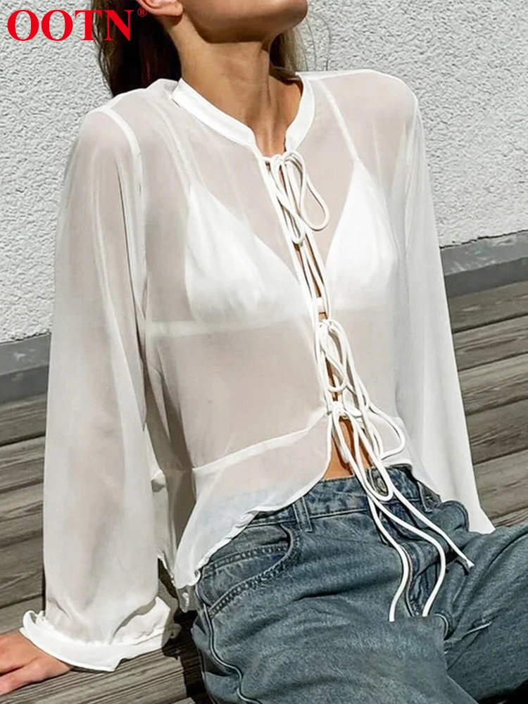 Белые рубашки OOTN женская Свободная блузка с длинным рукавом и воротником-стойкой