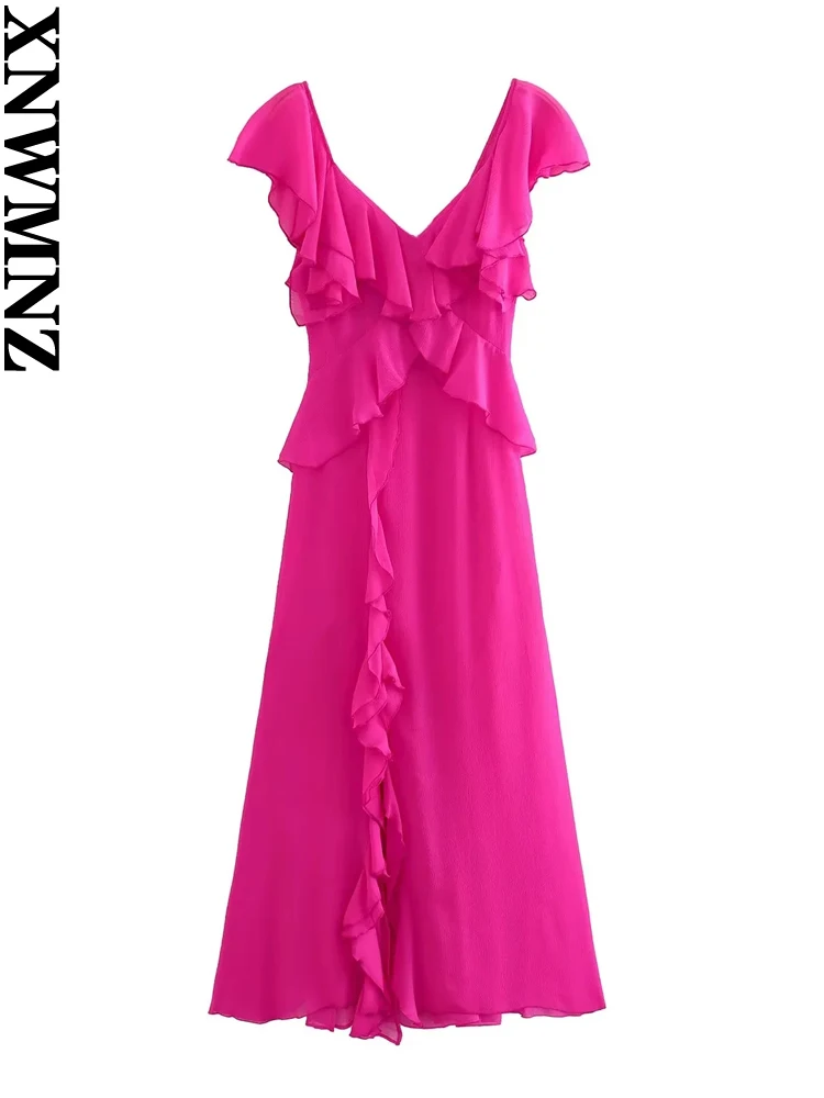 

XNWMNZ Women's Fashion 2023 Ruffle Flowing Midi Slip dress Women Beach Vacation V-neck Short Sleeve Hem Split Female Dresses