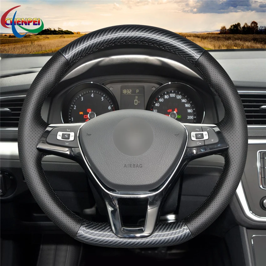 

DIY Anti-Slip Black Carbon Fiber Leather Steering Wheel Cover For Volkswagen Golf 7 Polo Passat Variant Touareg Car Accessories