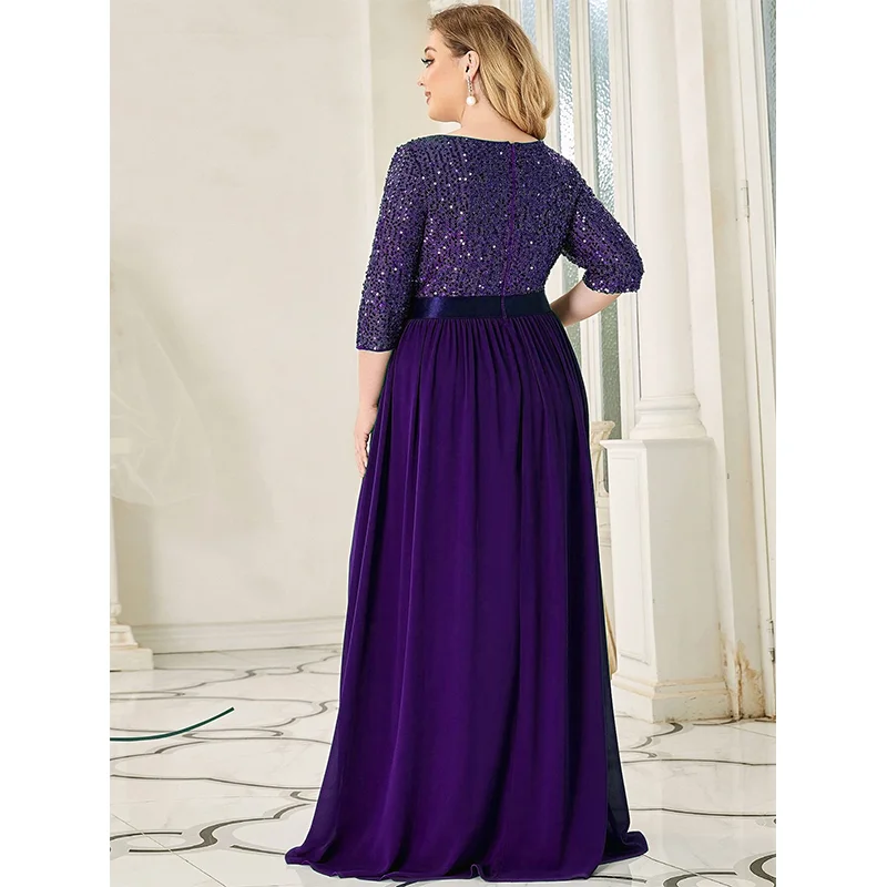 Plus Size Elegant Shiny Round Neck Maxi Chiffon Dress 4XL5XL Spring Summer Women Banquet Party Plus Size Wedding Evening Dreeses
