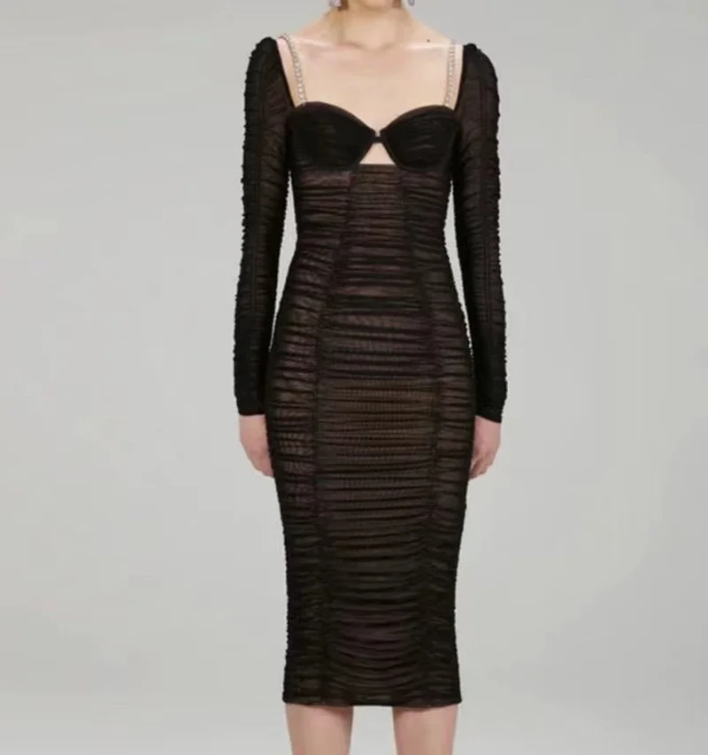 

Top Quality New Arrival 2022 Solid Black Slim Square Collar Sexy Elegant Women Midi Dresses