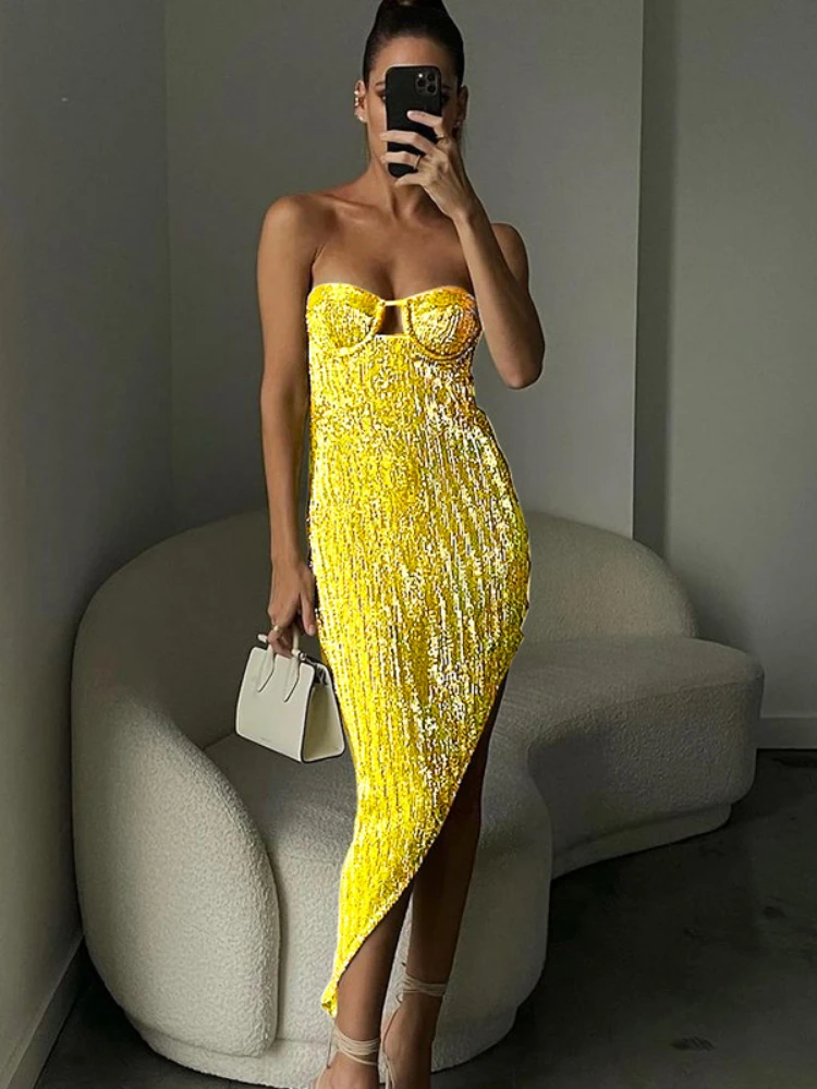 

Sunny Y.j. Sexy Nightclub Sequins Chest Wrapping Dress Summer New Yellow Backless Irregular Cut Side Shiny Party Bodycon Dress