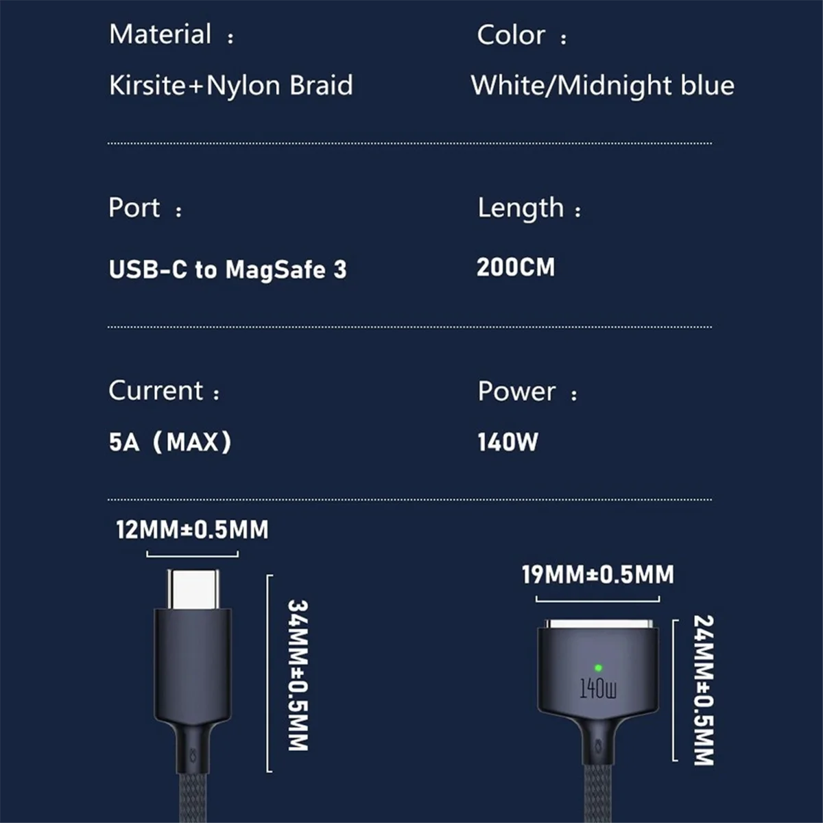 PD 140 Вт Magsafe 3 Магнитный кабель для быстрой зарядки из цинкового сплава MacBook Air/Pro