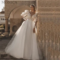 monica luxury wedding dress for women o neck full sleeve backless appliques a line bride gown floor length court robe de mariee