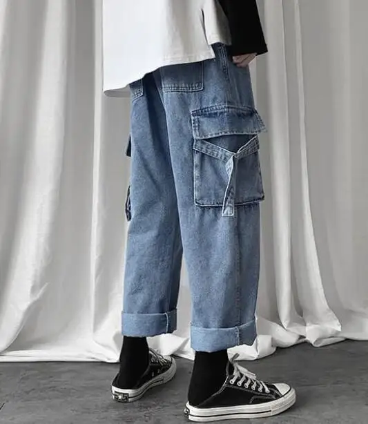 Men Jeans Straight Oversize Size Hole Ripped Street-Wear Large Pocket Elastic Waist Denim Trousers Loose Fashion Harajuku Jeans