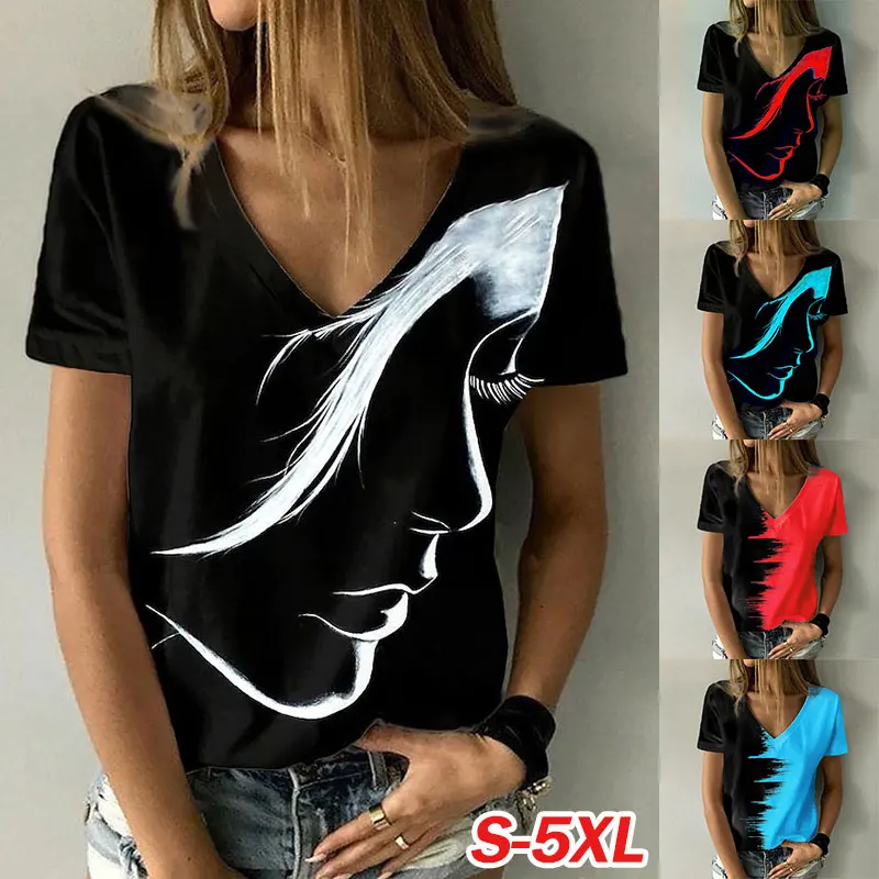 

New Women's T-Shirt 3D Abstract Printed Short Sleeve V Neck Casual Oversized Tshirt Femme Vintage Tops Mujer Camisetas