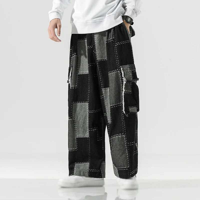 Male Distressed Jeans Men Japanese Streetwear Hip Hop 5XL Design Patchwork Baggy Cargo Jeans for Men Oversize Denim Trousers