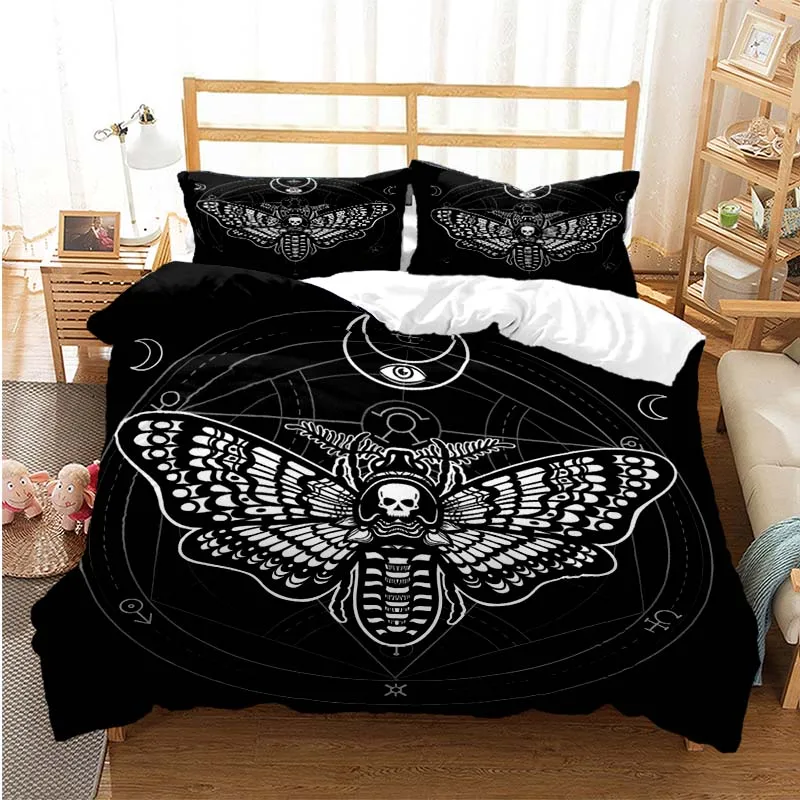 

Black Death Moth Bedding Set Gothic Skull Duvet Cover Set Butterfly Bedclothes 2/3pcs Moon Stars Luxury Home Textiles