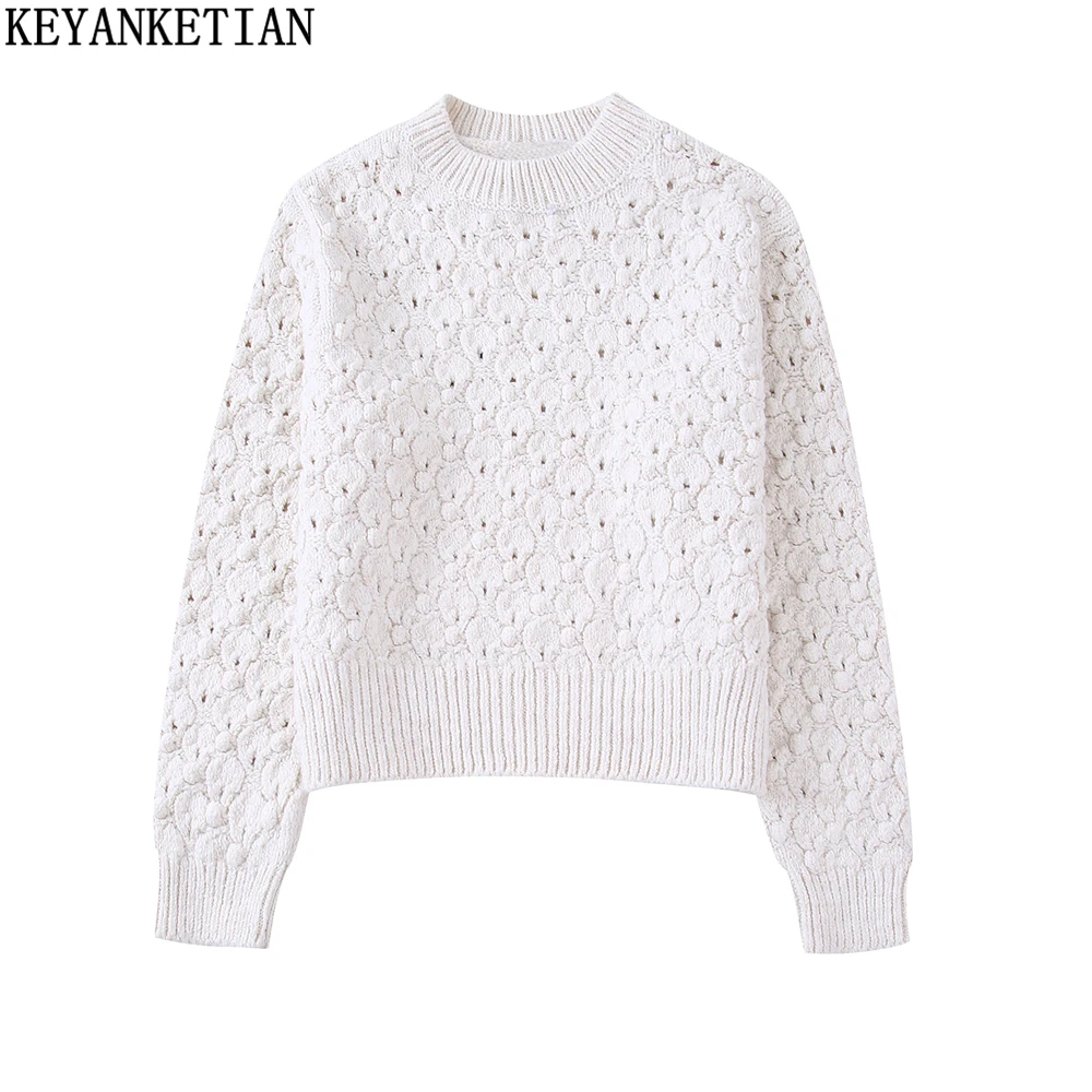 

KEYANKETIAN Women's Hollow Textured Round Neck Pullover Knitwear Autumn and Winter New Loose Casual White Short Sweater Top