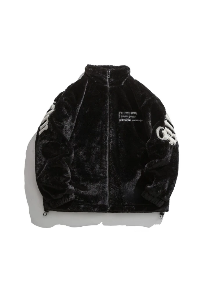 Retro Winter Street Letters Embroidered Plush Stand-up Collar Cotton-Padded Clothes Men's Fashion Brand Loose  Casual Warm