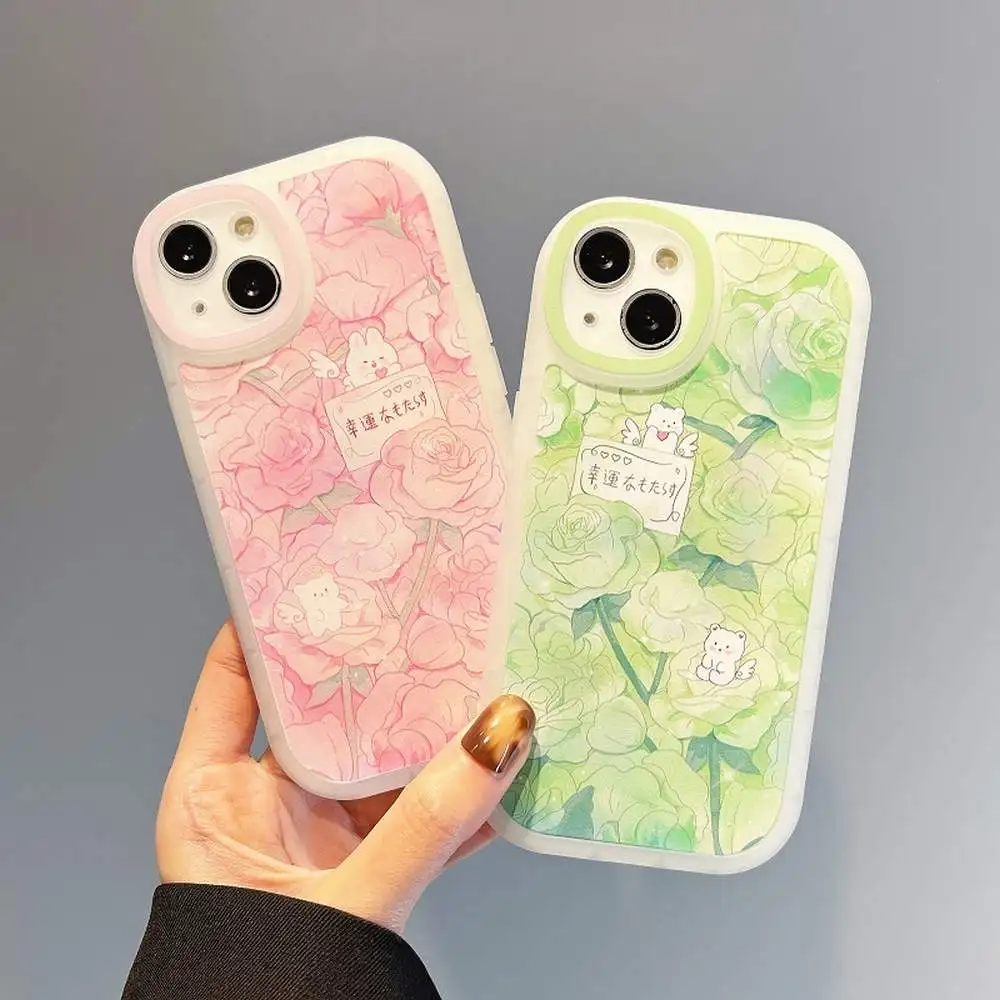

Cute Cartoon Bear Matte TPU Flower Rose Shockproof Cases Soft Phone Case Cover For iPhone 13 11 12 Pro Max XR XS Max Cases Shell