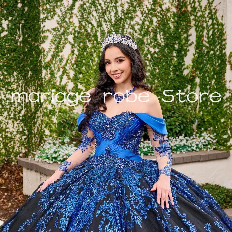 Navy Blue Princess Quinceanera Dresses Long Sleeve Off Shoulder Gillter Applique Lace-up Corset vestidos 15 años quinceañera