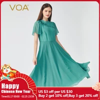 voa elegant appliques stand up collar flare short sleeves silk party dress solid office ladies long dresses summer chic ae1071