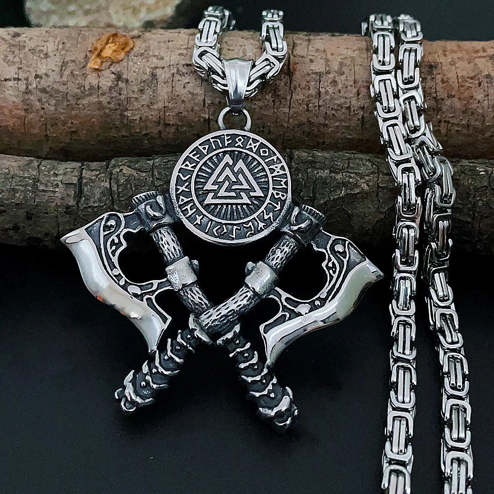 Nordic Warrior Double Axe Viking Valknut Pendant Necklace Stainless Steel Byzantine Necklace Chain Men Amulet Jewelry Wholesale
