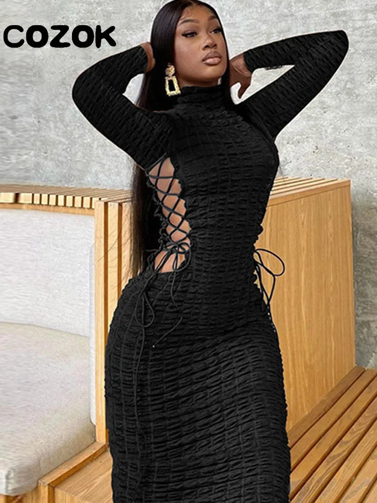 

Женское обтягивающее платье средней длины, сексуальное платье с длинным рукавом и вырезами на завязках, Осень-зима 2022