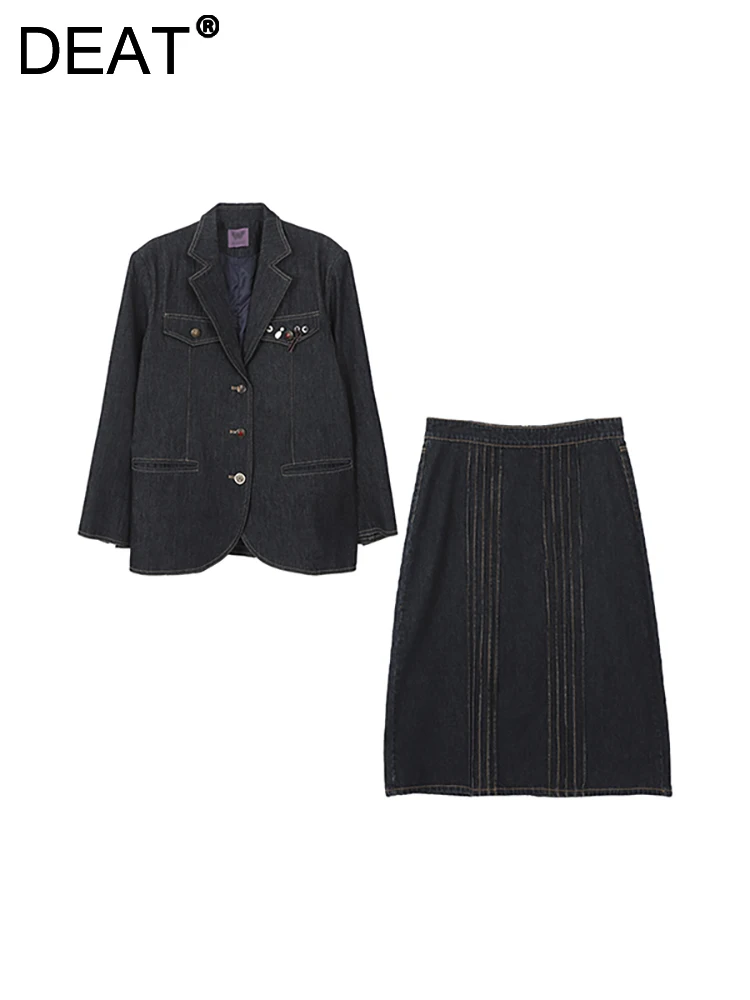 

DEAT Women's Denim Buttons Notched Collar Blazer High Waist Bright Lines Nave Blue Long Skirt 2023 Autumn New Fashion 29L2549